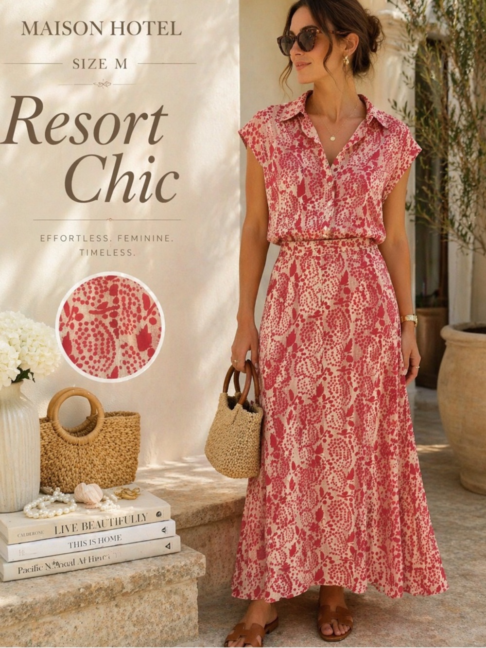 Maison Hotel Pink Print Maxi Skirt Size M Resort Chic Boho Luxury